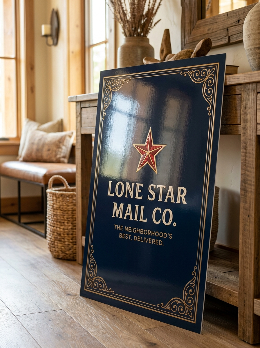 The Lone Star Mail Co. postcard propped on a console table in an upscale Texas entryway